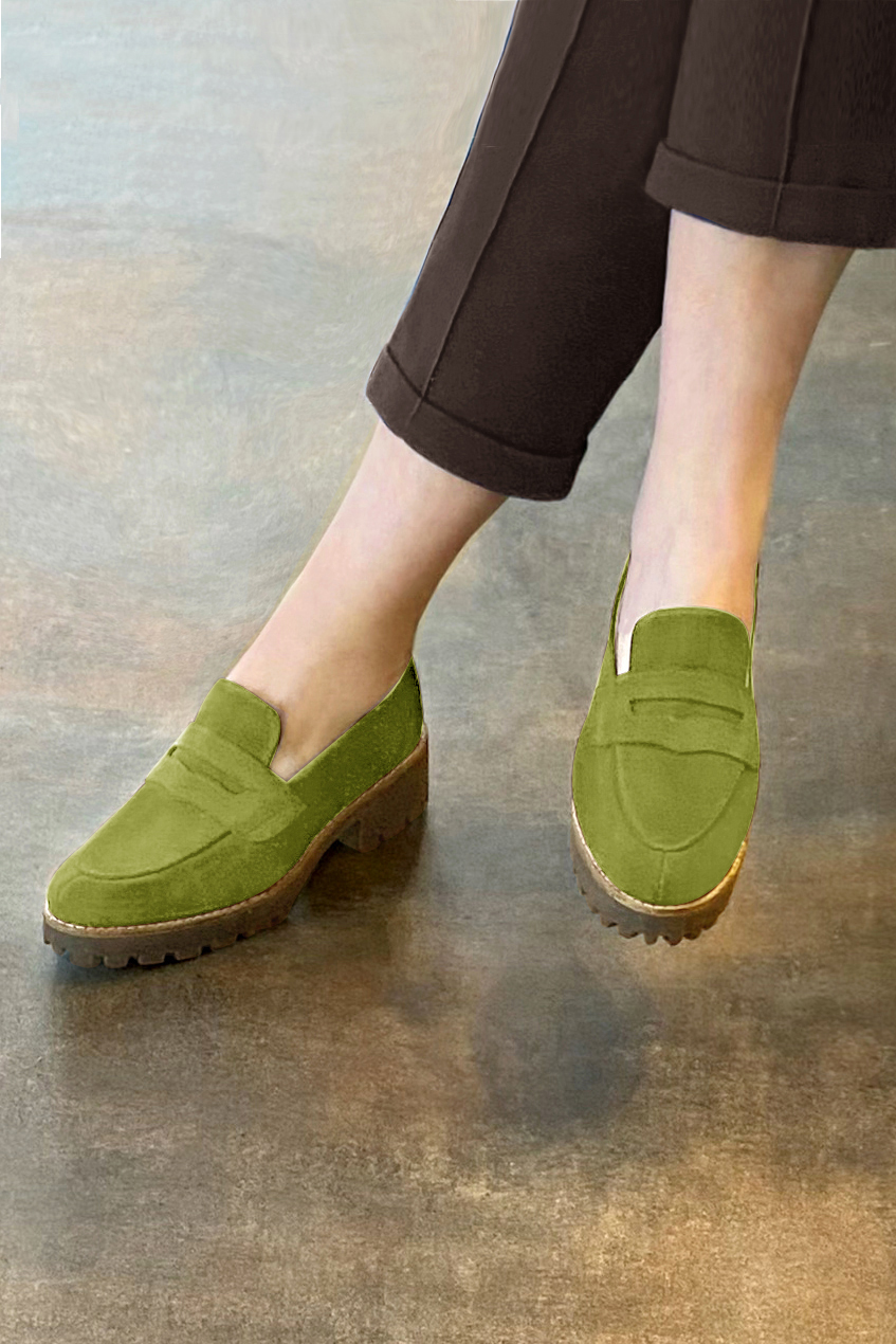 Women's pistachio green elegant loafers with thick soles. Round toe. Thick rubber soles - Worn view
